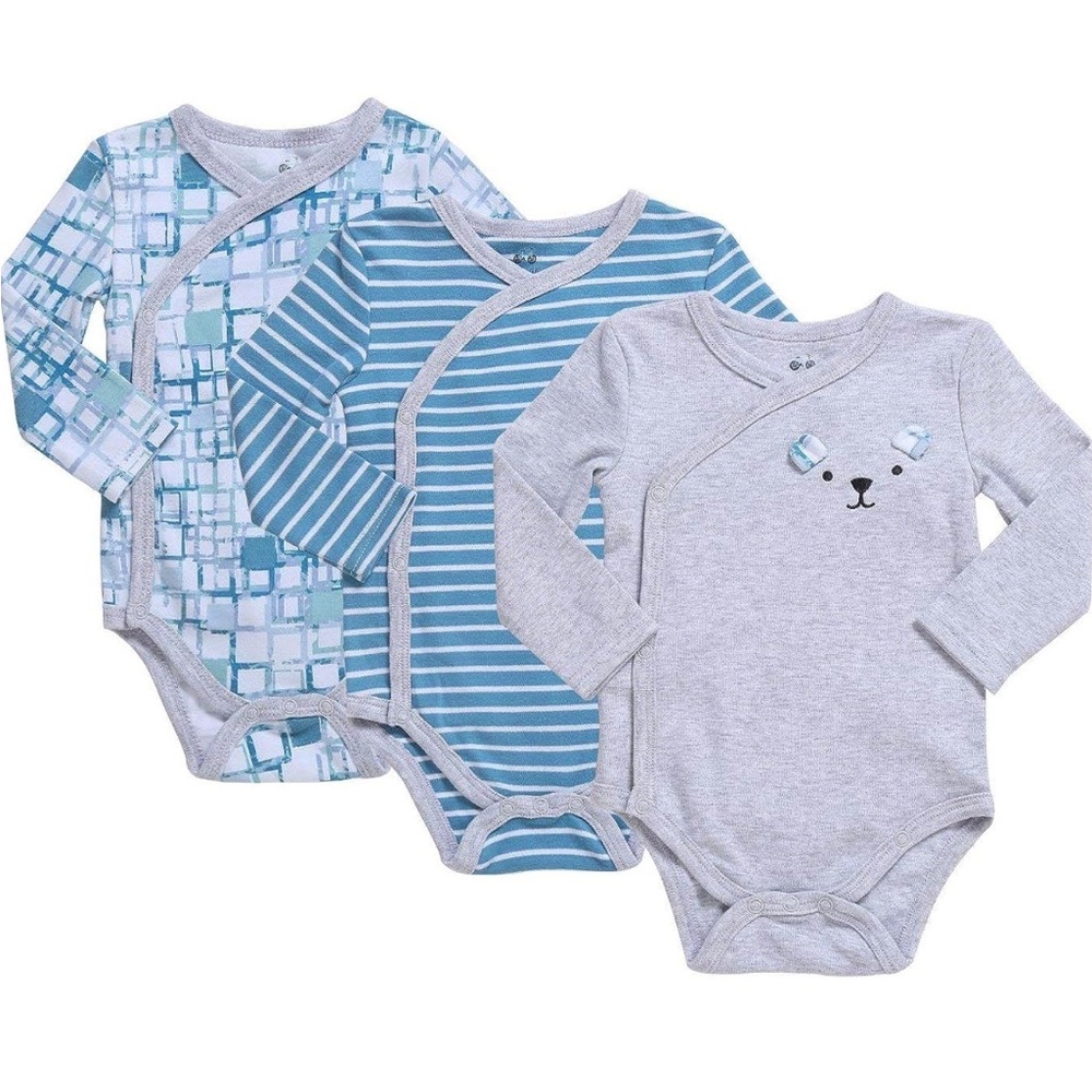 Asher and Olivia - Baby Boy's 3-Pack Long-Sleeve Kimono Bodysuit Set Onesie’s